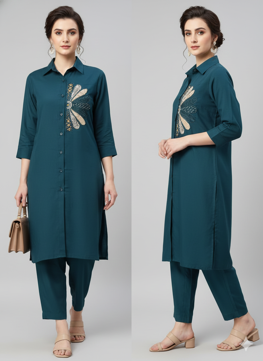 Ocean Teal Embellished Work Co-Ord Set