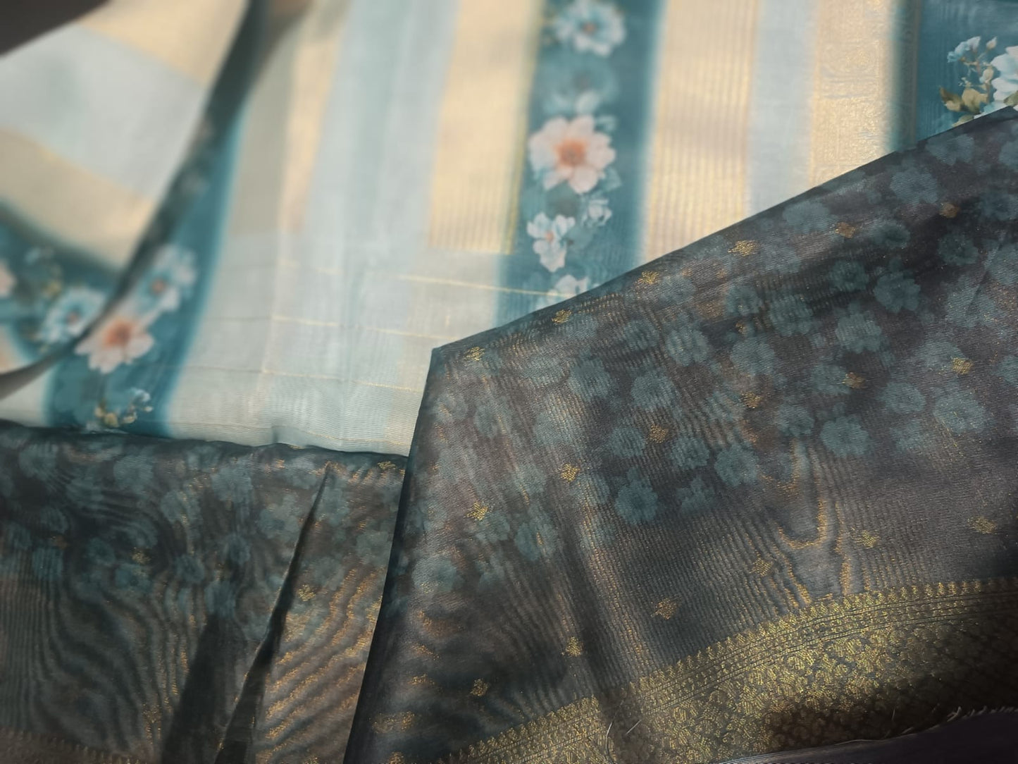 "Aqua Bloom" Silk Saree with Floral Prints