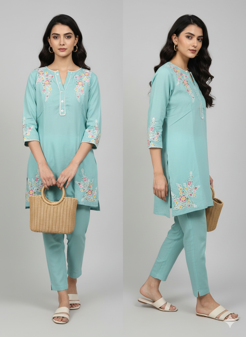 Aqua Bloom Embroidered Co-Ord Set