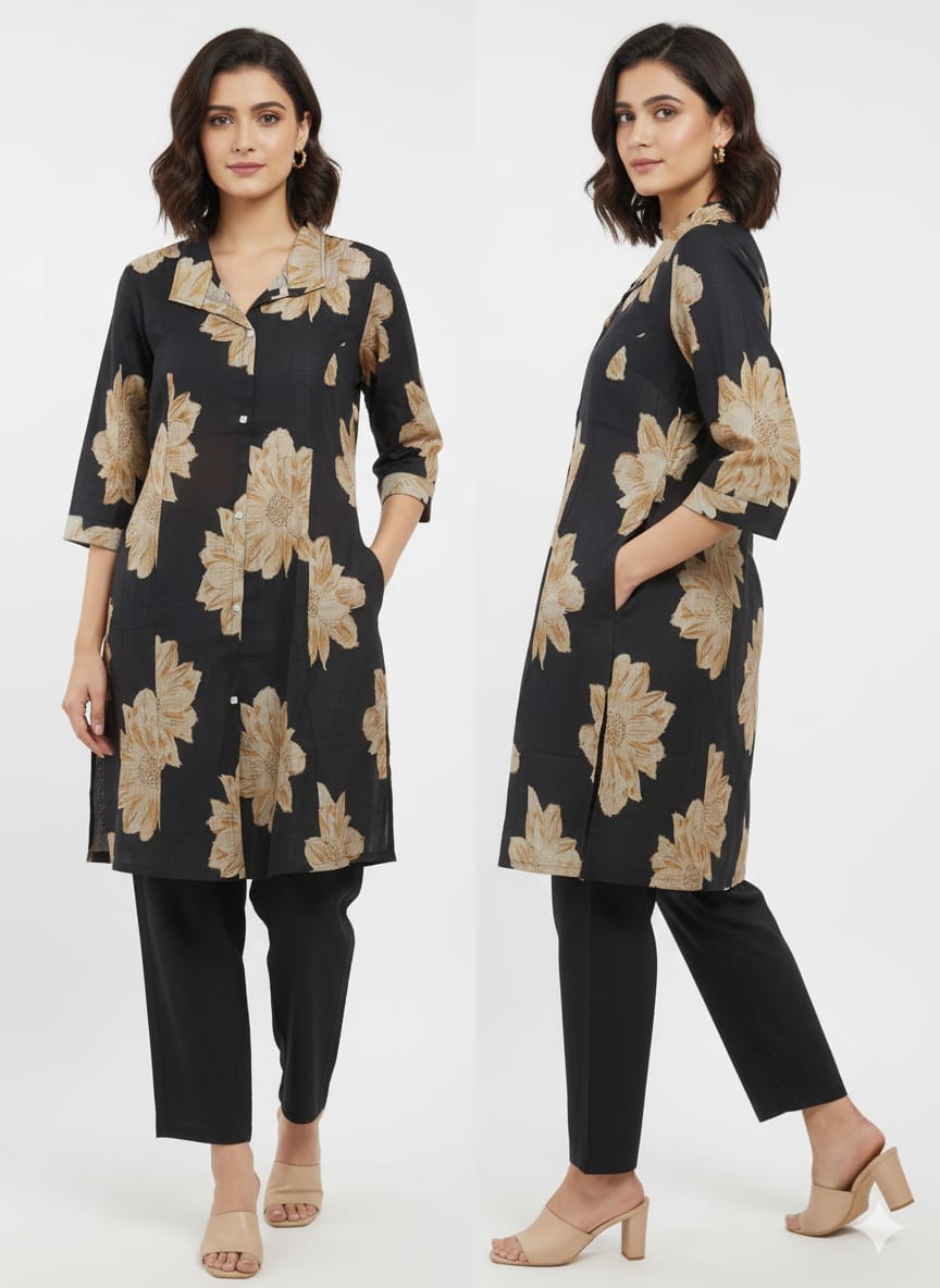 Woman wearing a black floral kurta with black pants on a white background
