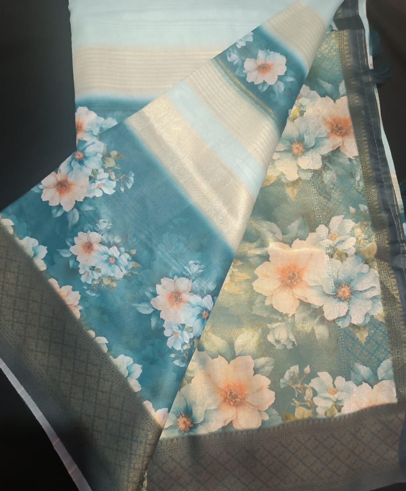 "Aqua Bloom" Silk Saree with Floral Prints