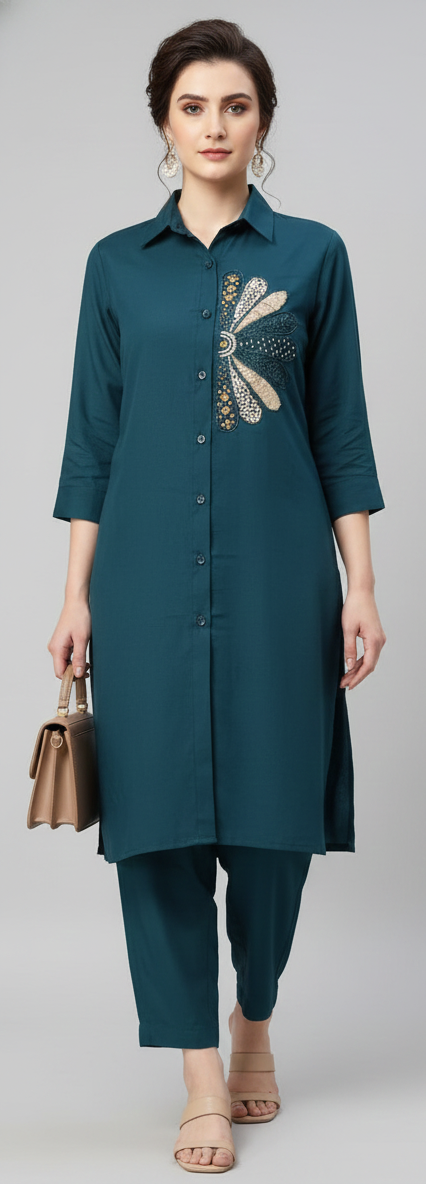 Ocean Teal Embellished Work Co-Ord Set