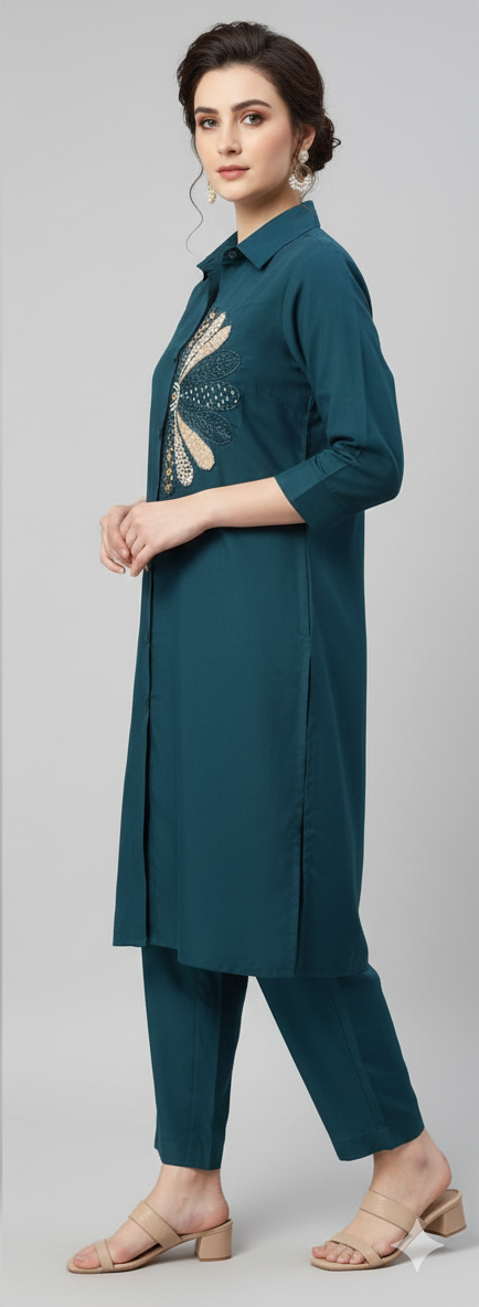 Ocean Teal Embellished Work Co-Ord Set